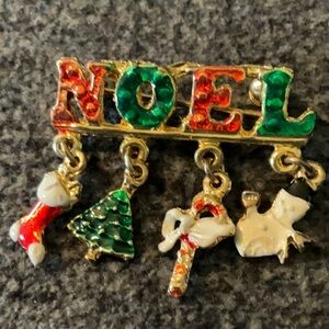 Christmas Red Green NOEL Dangling Stocking Tree Candy Cane Snowman  Brooch